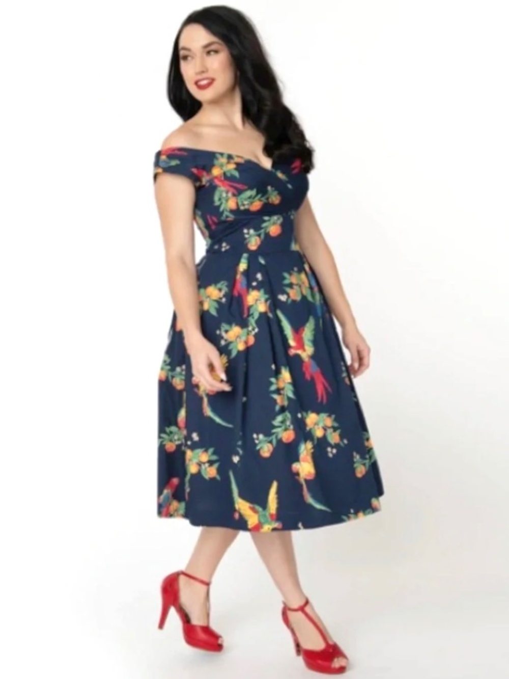 EMILY AND FIN Florence Retro Sleeveless Dress in Navy Parrot Print - 1X - Picture 2 of 15